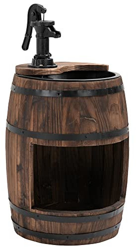 Outsunny Fuente de jardín Fuente Decorativa Barril Fuente Cascada Barril de Madera con Jardinera Madera de Abeto + Metal marrón Oscuro Ø27 x 59 cm