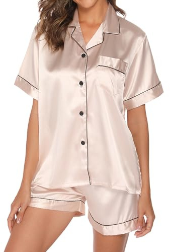 Ensemble de pyjama pour femme en satin et soie à manches longues/courtes, boutonné, couleur unie, pour toute l'année - Or - XX-Large