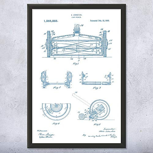 Framed Reel Lawn Mower Print, Hardware Store Decor, Garage Wall Art, Gardener Gift, Landscaper Gifts, Tool Shed Art Blue & White (9x12)