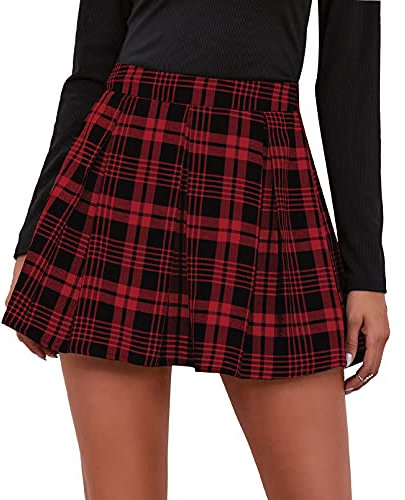 FEOYA Courte Jupe Carreaux Femme Plissée Short Skirt Écolière Taille Haute Adolescente Fille École Jupe Patineuse Ecossaise Étiquette L Rouge