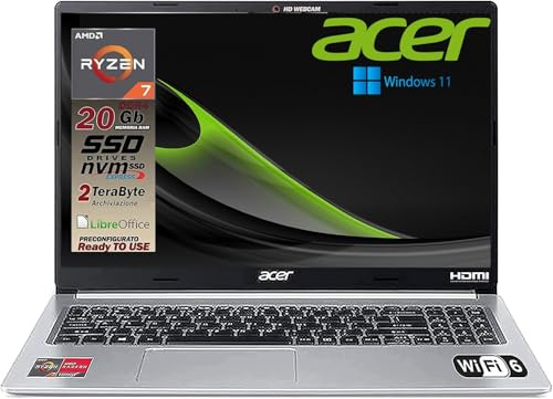 Acer Notebook portatile, Cpu Ryzen 7 5700U 8 Core, RAM 20Gb, SSD 512GB, Display 15,6 FullHD, cover in alluminio, tastiera retroilluminata, 4 usb, wi-fi 6, hdmi, lan, Win11 pro, pronto all'uso