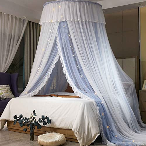 Prinzessinnen Moskitonetz mit Lichtern, Spitzen Betthimmel für Mädchen, King Size Doppelschicht, eleganter Betthimmel Bettvorhänge, Betthimmel für Schlafzimmer Dekoration,Grau,1m