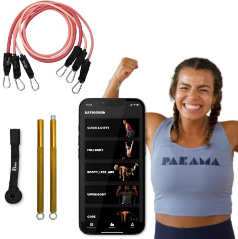 PAKAMA - Premium Widerstandsbänder Set inkl. Langhantel-Stange (Bar) für Home Workout & Krafttraining Zuhause - Resistance Bands 4,5kg, 6,8kg und 11,4kg - Fitness-Bänder für bis zu 80kg Widerstand