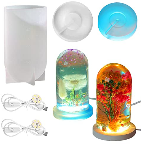 Yayatty Moules de Résine pour Lampe Moules en Silicone Epoxy, Moules Cylindriques en Résine Epoxy et Base, Alimentation USB pour Bricolage, Décoration de Bureau, Lampe de Table, Décoration
