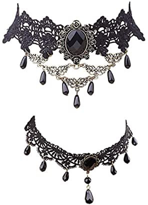 Gothic Halskette Set Schwarz Halsschmuck Damen Spitze Kette Damen Gotisch Choker Zubehör Vintage Halsband Victorian Schmuck für Halloween Pfingsten Maskerade Karneval Fasching Halloween Outfit,2 Stück