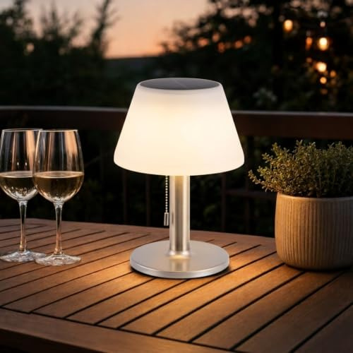 Auraglow Solar Table Lamp for Garden and Patio, Warm White Dimmable | Rechargeable battery, 3 step brightness, dusk automatic, 8 hour runtime, IP44 weatherproof outdoor dining glow