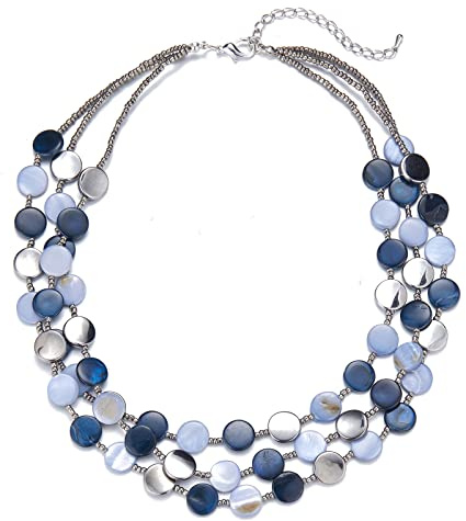 FULU AUTUMN Boho Handmade Beaded Necklaces for Women Statement Chunky Shell Necklace with Silver Beads Costume Jewellery Birthday Gifts for Women(30-Blue)