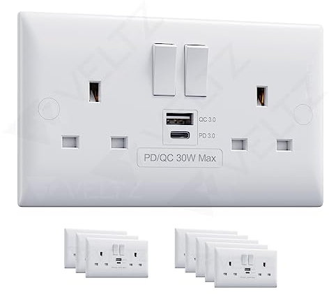 VELTZ Pro C & A Socket | 30W PD/PPS C & 18W QC 4.0 A | Super Fast Charging | Double Plug Wall Socket 13A 2 Gang | White
