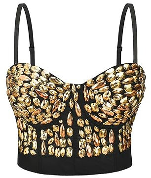 Gold Sexy Rock Punk BH-Träger Push-Up-BH mit Nieten besetzter Tanz-BH Metallic-Punk-Stil Nachtclub-BH Plus Size Korsett-Gold-M