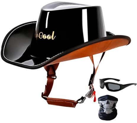 Motorradhelm Western Cowboy Hut Halbhelm, Persönlichkeit, Vintage-Halbhelm (Handtuch + Sonnenbrille + Maske), Offener Motorradhelm, ECE-Zugelassener Retro-Western-Cowboyhut-Helm