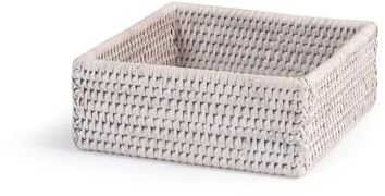 H&H Contenitore Quadrato in Rattan Sbiancato – 19x19x7 cm – Realizzato a Mano, Multiuso: Svuota Tasche, Porta Oggetti, Pane, Condimenti, Organizer da Tavolo