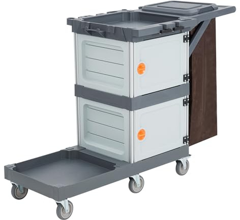Commercial Janitorial Cart with Cabinet, 3-ply Multi-Purpose Engineered Plastic Housekeeping Cart with 30 Gallon Bag Hand Push Utility Cart, 200 lbs Load Capacity