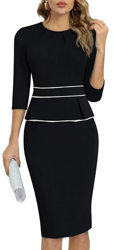 HOMEYEE Vestido de Mujer Vintage De Manga 3/4 con Cuello Redondo Vestido de Tubo de Negocios Ajustado Vestido de Cóctel B980 (L, Negro)