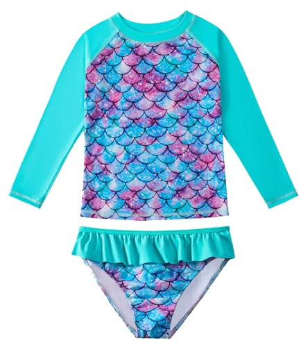 WYTbaby Girls Swimming Costume Uv Protection 2pcs Long Sleeve Mermaid Swimsuit Girls Rash Guard Summer Beach Swimming Set for 7-8 Years