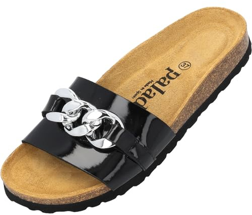 Palado Pantoletten Damen Gozo - bequeme Sandalen Made in Spain - Hausschuhe mit dämpfendem Kork-Fußbett - modische Sommerschuhe Schwarz Lack UK6 - EU39