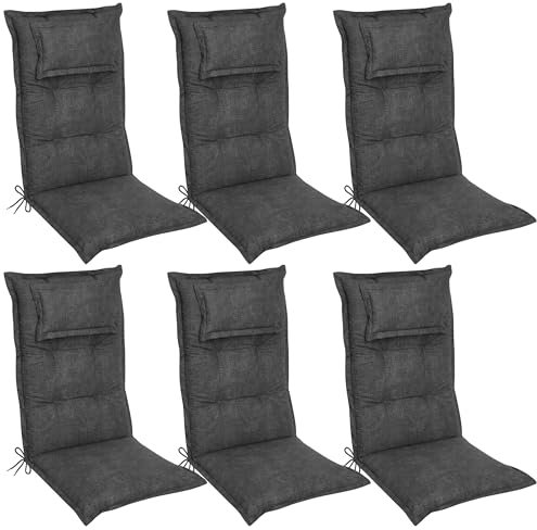 DILUMA Hochlehner Auflage Luxor 120x50 cm mit Kopfpolster 6er Set Anthrazit - Luxus Stuhlauflage mit 8 cm Polsterung