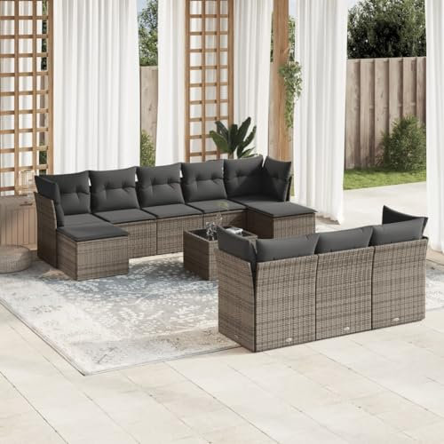ULUYYUC 10-TLG. Garten-Sofagarnitur, Eckbankgruppe Balkonmöbel Küchensofa Schlafsofa Geeignet für Außenbereich Balkon Garten Hinterhof mit Kissen Grau Poly Rattan