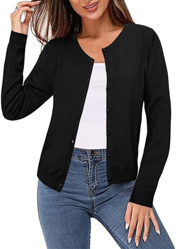 Irevial Cardigan Mujer Manga Larga Ligero con Cuello Redondo,Chaqueta de Punto Estilo Básico Elegante Cárdigan Jersey con Botones Rebecas Casual para Primavera Otoño Negro M