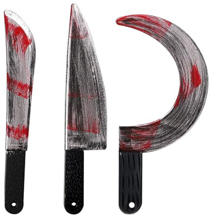 Lezevn 3Pcs Bloody Halloween Butcher Sickle Machete Weapon Realistic Bleeding Machete Toy for Halloween Party Costume Decoration