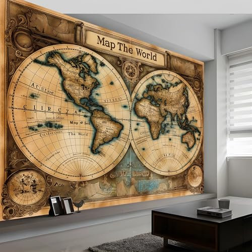 Fototapete Art Wandbild 200 x 140 cm (WxH) Tapeten Wandtapete, Betrübt Wanddeko Retro-Weltkarte Streifen Mustertapete Design Wand Dekoration Vliestapete Wohnzimmer Schlafzimmer Büro