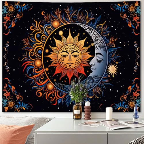 Apdidl Boho Hippie Tapestry Wall Hanging for Bedroom Aesthetic, Bohemian Mandala Sun and Moon Mystic Floral Tapestries, Hippy Floral Backdrop Decor for Living Room Dorm (36X48)