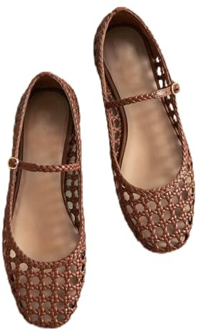 Atsroel Ballerine da Donna in Rete Intrecciata, Punta Quadrata, Mary Jane, con Cinturino con Fibbia, comode, Ballerine, Eleganti Scarpe Casual Mary Janes da Donna, A-Marrone., 42 EU