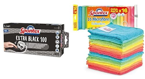Spontex Bundle Extra Black Einmalhandschuhe aus Vinyl, Größe L, 100er Pack, schwarz + Mikrofaser Allzwecktücher 16er Pack