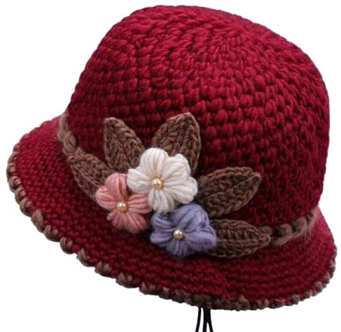 WEISIPU Women’s Winter Warm Knit Cloche Hat with Crochet Flower Layer Windproof Womens Knitted Crochet Beanie Hat Floral Vintage Hat Breathable Knit Skullcap Ladies Winter Hats