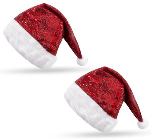FUIPVGI 2 Stück Rot Pailletten Weihnachtsmützen,Weihnachtsmann Kostüm Plüsch-Weihnachtsmannmützen,für Weihnachtsmannkostüme Neujahr Weihnachten Festliche Themenpartys(Rot)