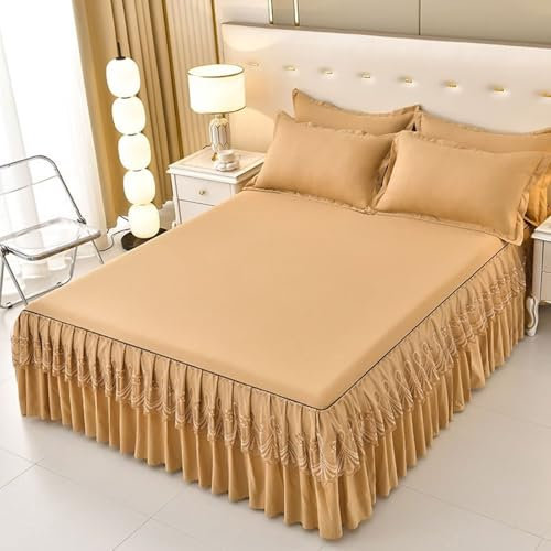 Spannbettlaken 99X190cm, Khaki Fitted Sheet Volltonfarben mit Spitze Polyester Spannbettlaken