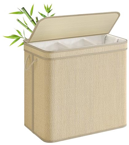 SONGMICS Laundry Basket, 3-Section Laundry Hamper, 170 L Bamboo Clothes Organiser, Removable Liner, Machine Washable Bag, with Lid, Handles, for Bedroom, Living Room, Natural Colour LCB069Y01
