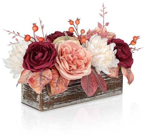 Arborus Autumn Artificial Flowers Mixed Roses Peonies Chrysanthemums Pumpkin in Wooden Pot Red Silk Flowers Autumn Table Centrepiece Fall Floral Arrangement for Dining Table Mantel Seasonal Home Décor