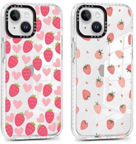 Xylota 2 Pezzi Cover per iPhone 15 Plus 6,7, Trasparente Aesthetic Fragola Cuore Disegni Ragazze Donne Custodia, Morbida Silicone Sottile TPU Bumper Antiurto Protettiva Case per iPhone 15 Plus, Rosa