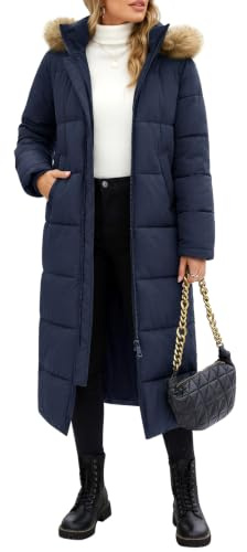Tuopuda Larga Acolchado Abrigo de invierno para Mujer Chaqueta Espeso con Capucha Abrigo Largo Resistente al Viento con Cremallera y Bolsillos(Marina,XL)