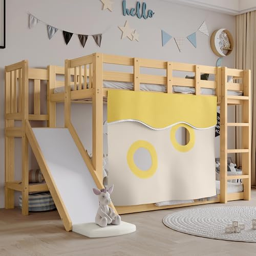 Oxtao Hochbett 90x200cm, Etagenbett für Kinder mit Treppe, Zäune und Rutsche, Kinderbett mit Rausfallschutz und Lattenrost, Spielbett mit Bettvorhang, Rahmen aus Kiefer, Natur