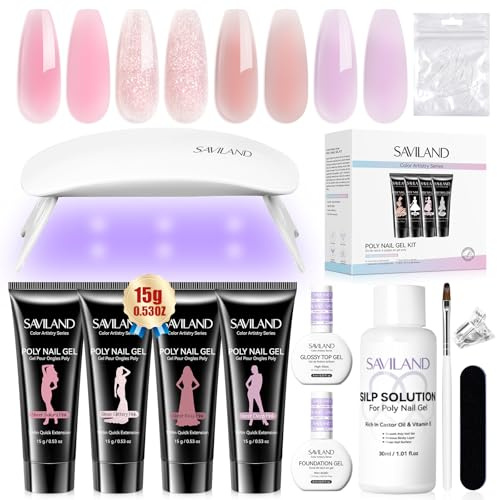 SAVILAND Poly Nail Gel Set: 4 färger Snabbt och enkelt Polygel Nail Set Starter Set 28 dagar Långvarig Ultrahård Gel med Nagellampa Allt i 1 för nybörjare DIY Nail Art hemma