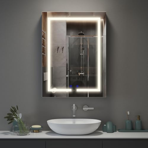 Luxstein Armoire de Salle de Bain avec Miroir et éclairage LED, 3 Couleurs de lumière 6000 K, antibuée, Montage Mural, avec Prise et étagère, Peu encombrante, 60 x 80 cm, Blanche
