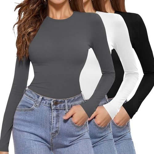 Aottori 3er Pack Langarmshirt Damen Rundhals Slim Fit Elegant | Basic Tops, Shirt Langarm, Stretch, Figurbetont, Oberteile, Unterziehshirt, Layer Tee, Herbst Alltag Freizeit