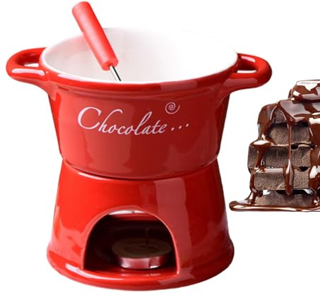 Chocolate Fondue Mug with Forks, 330ml Ceramic Butter Warmers Pot Set, Personal Cheese Melting Cup, Fondue Heated with A Tealight, Warmer Mug for Candy Snack Caramel Party