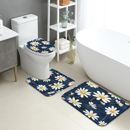 Juego de 3 alfombrillas de baño con diseño de crisantemo, diseño floral, color azul marino, absorbentes, antideslizantes, en forma de U, lavables, de franela de secado rápido