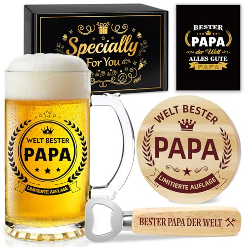 Papa Geschenk, Bierkrug 0,5 L, mit Flaschenöffner und Holzuntersetzer | Geschenke für Papa Geburtstagsgeschenk, Biergläser Personalisierte Vater Geschenke für Männer, Papa Geschenk Weihnachten