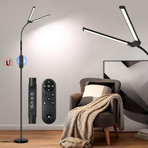 Czoumu Doppelkopf LED Stehlampe 18W, 3 Farbtemperaturen 10 Helligkeitsstufen, Magnet-Fernbedienung, verstellbarer Schwanenhals, integrierte Kabel, USB-Augenschutzlampe für Wohnzimmer und Büro