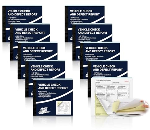 10 Pack Vehicle Check and Defect Report Books 2 Part 50 Sets Carbonless Duplicate Pages Continuous numbering Car Service Booklet for HGV LGV PCV Trucks Van Lorries 250gsm Paper Cover 140 x 155mm