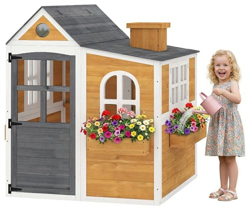 AIYAPLAY Utomhus barnstuga i trä, barnhus utomhus/inomhus med dörr, fönster, 3 blomlådor, väderbeständig, lekstuga för 3–6 år, 125,5 x 119 x 126 cm, gul