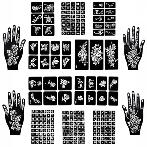 Henna stenciler 247 stycken tillfälliga henna tatueringsmallar 14 ark henna tatueringsset lämplig för hand och kroppsmålning glitter tatuering klistermärken varje kroppskonst
