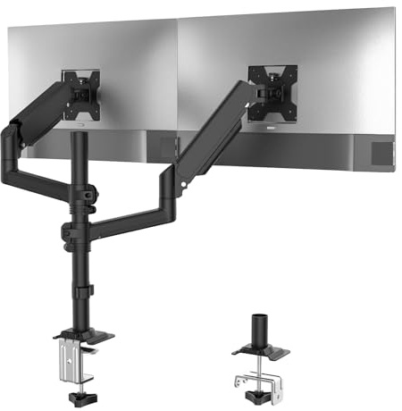 WALI Premium dubbel LCD-skärm skrivbordsmontering helt justerbart gasfjäderstativ för display upp till 32 tum, 8 kg kapacitet (GSDM002), svart