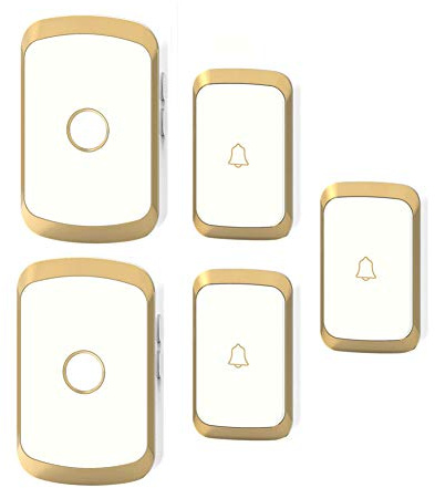 LWPCP Sonnette sans Fil, Kit De Carillon De Porte Étanche sans Fil À Piles,3 Émetteur À Bouton-Poussoir +2 Récepteurs Enfichables,Portée De 300M,36 Mélodies,4 Niveaux Volumes,d'or