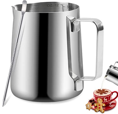Stainless Steel Espresso Milk Frothing Pitcher - 12OZ/350ML Coffee Milk Frother Cup with Decorating Art Pen for Espresso Machine, Latte Art