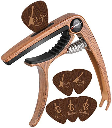 Anpro Guitar Capo with 6 Guitar Picks for Acoustic and Electric Guitar, Ukulele, Mandolin and Banjo, Wood grain