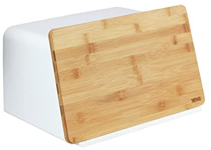 WENKO Kubo Brotkasten mit Bambusbrett, Weiß, Belüftungslöcher Sorgen für eine optimale Luftzirkulation, Polystyrol, 35 x 20,5 x 26,5 cm